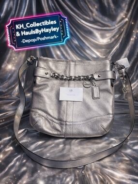 2012 Coach Metallic Silver Leather Chain Duffle Crossbody #F19722 (NWT)